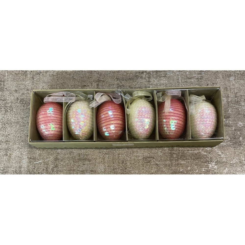 NIB Pier 1 Imports Sequin Pastel Easter Egg‎ Ornaments Spring Set of 6